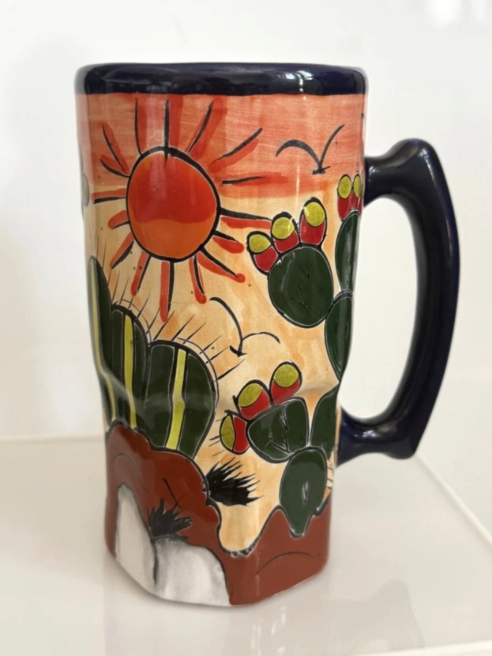 Vintage Mexican Talavera Ceramic Mug Stein Desert Cactus Hand Painted Pottery